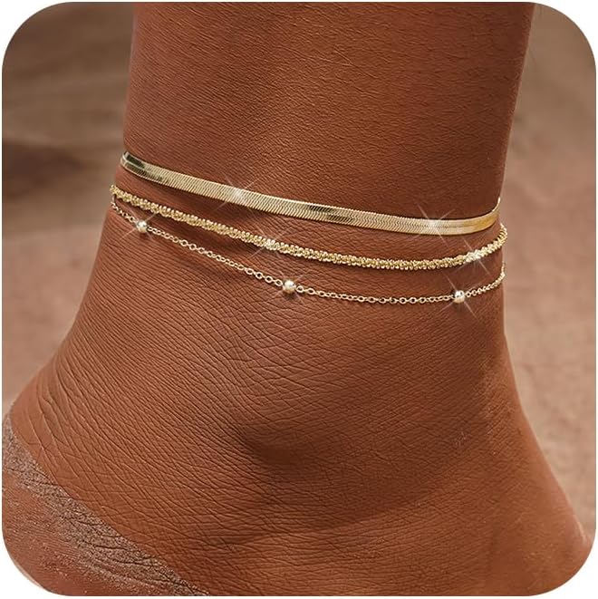 MFRYK Gold Ankle Bracelets for women,14k Gold/Silver Plated Waterproof Layered lightweight Cuban Link Figaro Chain Heart anklet butterfly anklet Pearl Ankle Bracelets Set Gold Anklets for women Trendy Jewelry Gift for Women - Image 1